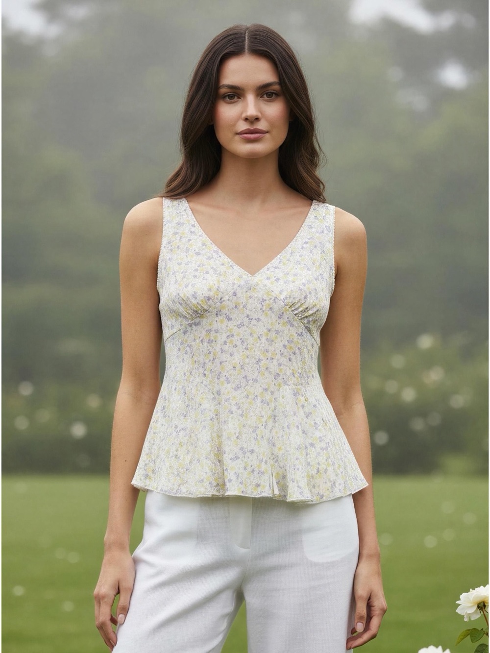 La Peche Floral V-Neck Tank Top in White with Yellow & Lavender‎ coquette